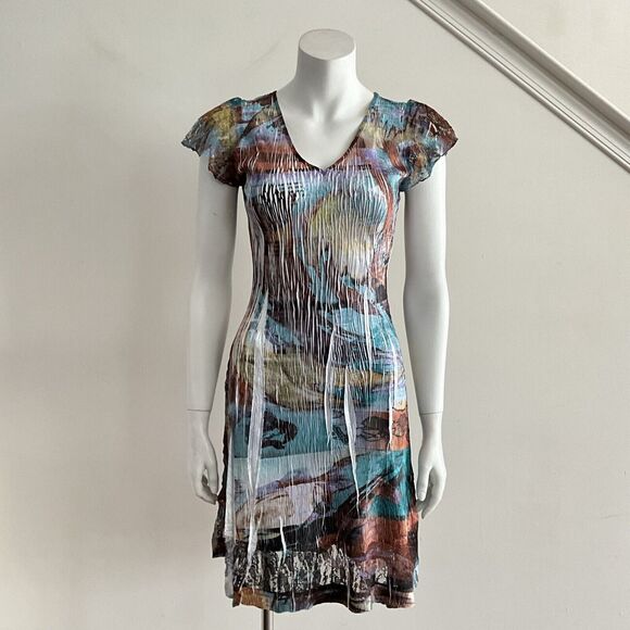 Komarov Petite Crinkle Short Sleeve Lace Inlay Mini Dress Multicolor PS - Picture 8 of 11